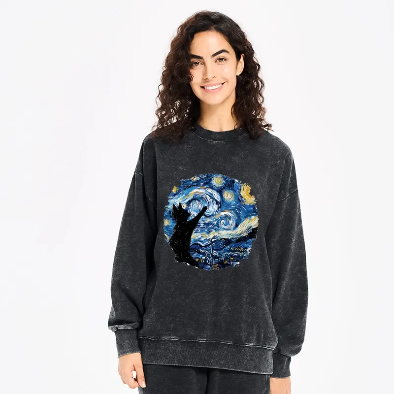 Tokyo-Tiger Starry Night Black Cat Washed Sweatshirt