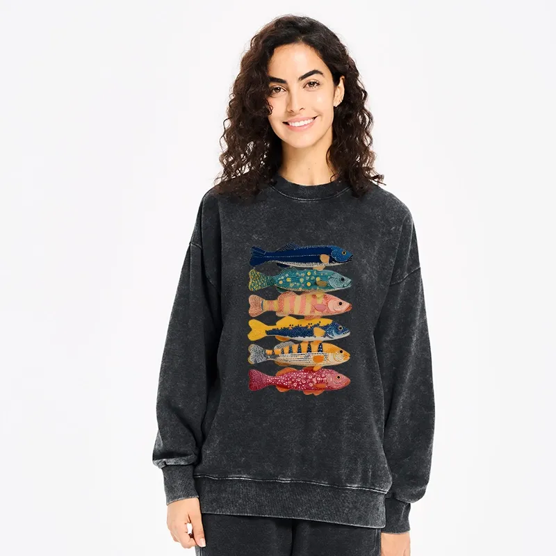 Tokyo-Tiger Colorful Fish Art Collection Washed Sweatshirt