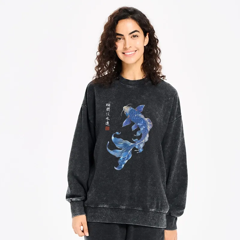 Tokyo-Tiger Lucky Blue Koi Fish Art Washed Sweatshirt