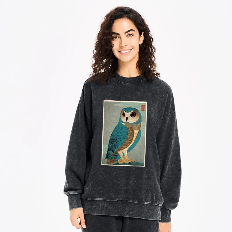 Tokyo-Tiger Vintage Owl Woodblock Art Washed Sweatshirt