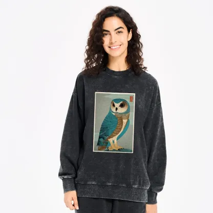 Tokyo-Tiger Vintage Owl Woodblock Art Washed Sweatshirt
