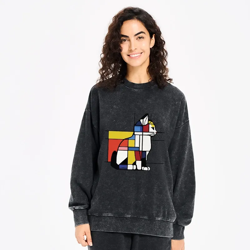 Tokyo-Tiger Geometric Cat Art In Primary Colors Washed Sweatshirt