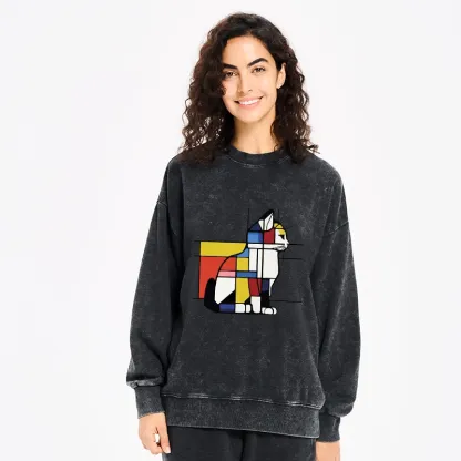 Tokyo-Tiger Geometric Cat Art In Primary Colors Washed Sweatshirt