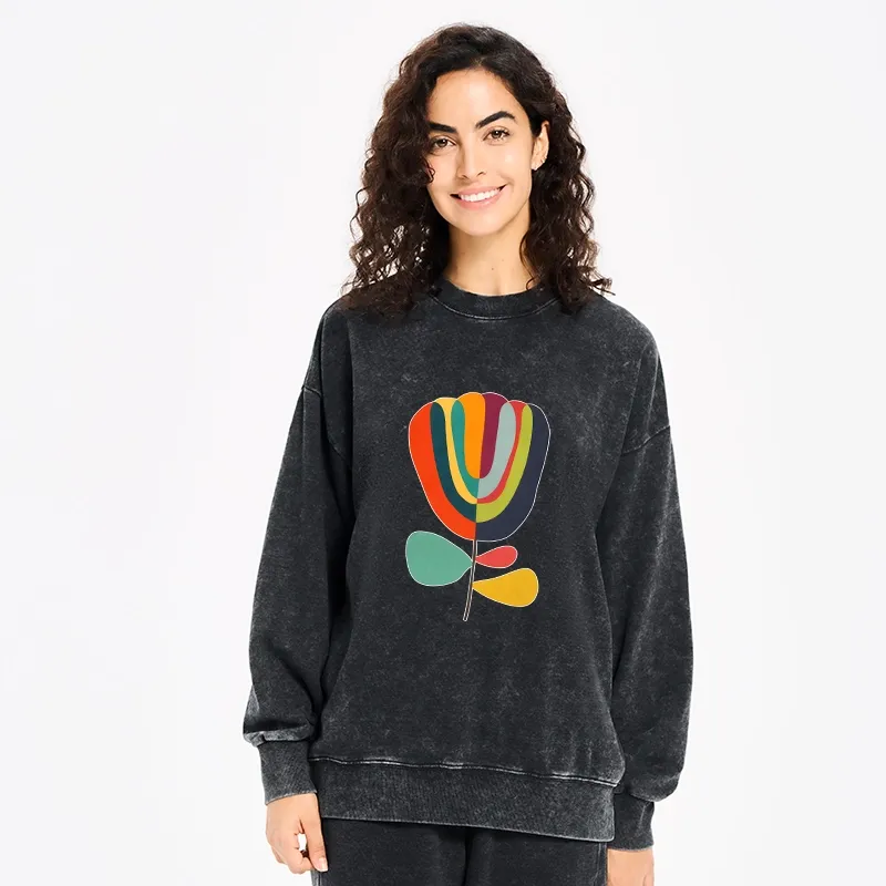 Tokyo-Tiger Colorful Flower Minimalist Print Washed Sweatshirt
