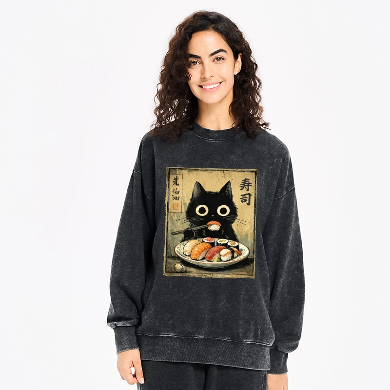 Tokyo-Tiger Vintage Japanese Sushi Cat Washed Sweatshirt