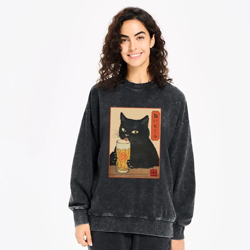 Tokyo-Tiger Cat Holding A Glass Of Beer Washed Sweatshirt