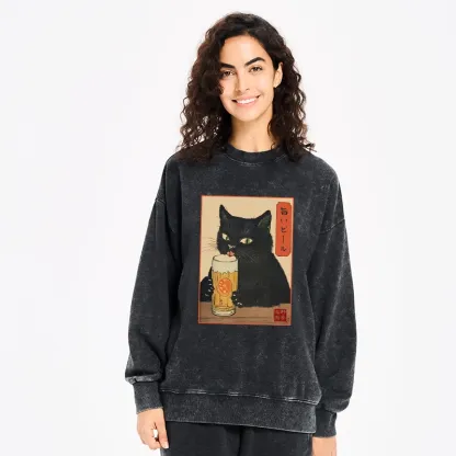Tokyo-Tiger Cat Holding A Glass Of Beer Washed Sweatshirt