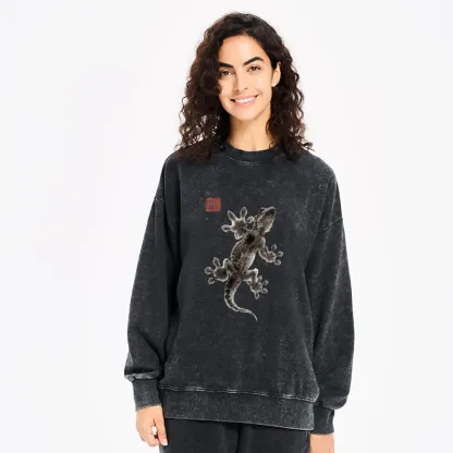 Tokyo-Tiger Minimal Asian Ink Brush Gecko Vibe Washed Sweatshirt