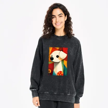 Tokyo-Tiger Retro Abstract Color Block Puppy Art Washed Sweatshirt