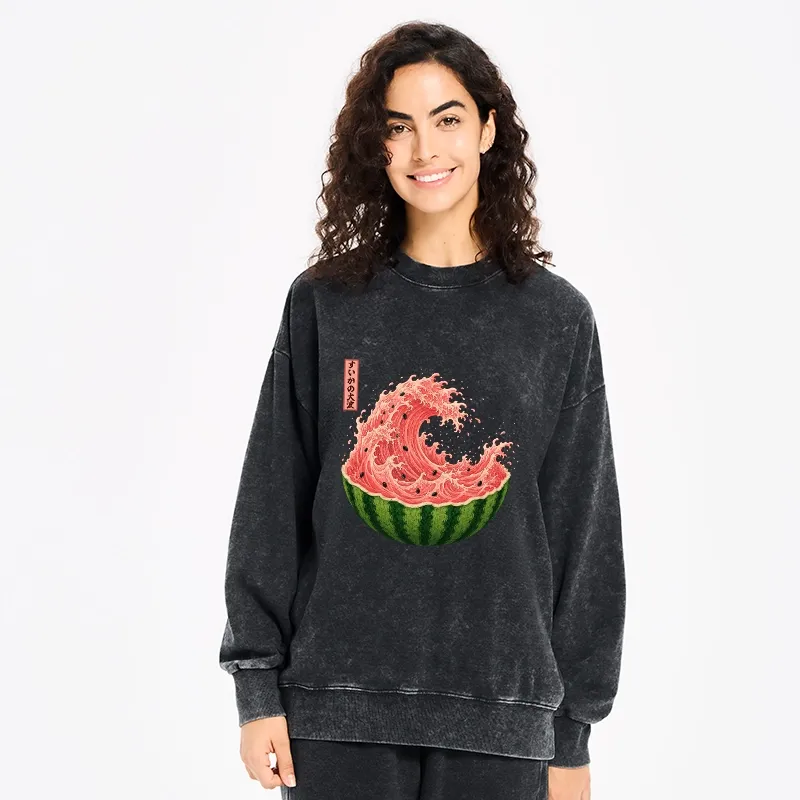 Tokyo-Tiger Watermelon Wave Summer Ukiyo Art Washed Sweatshirt