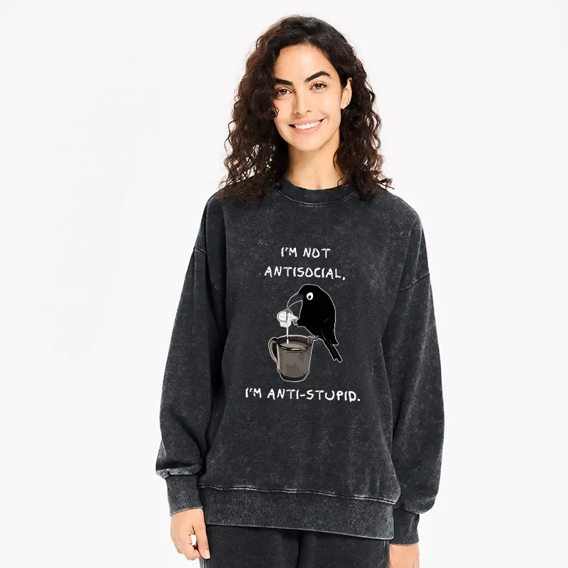 Tokyo-Tiger Cool Crow Sips Calm Coffee Alone Washed Sweatshirt