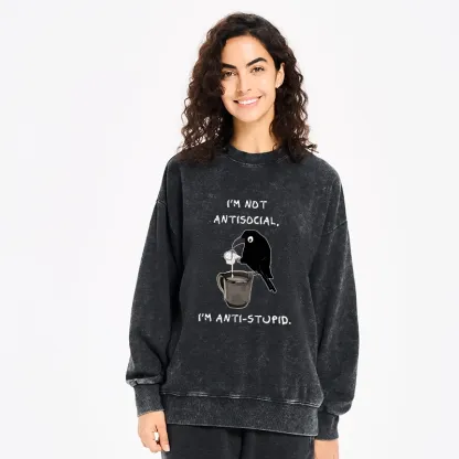 Tokyo-Tiger Cool Crow Sips Calm Coffee Alone Washed Sweatshirt