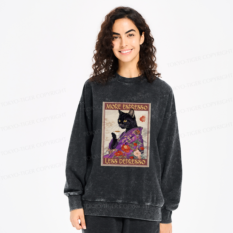 Tokyo-Tiger Japanese Cat Drinking Coffee Washed Sweatshirt