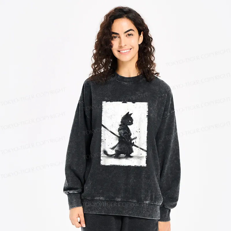 Tokyo-Tiger Retro Cat Samurai Japanese Washed Sweatshirt