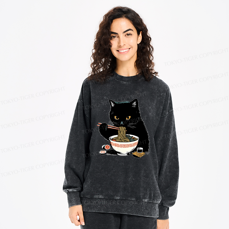 Tokyo-Tiger Cat Eating Favorite Ramen Washed Sweatshirt