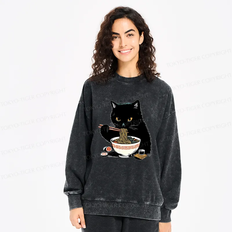 Tokyo-Tiger Cat Eating Favorite Ramen Washed Sweatshirt