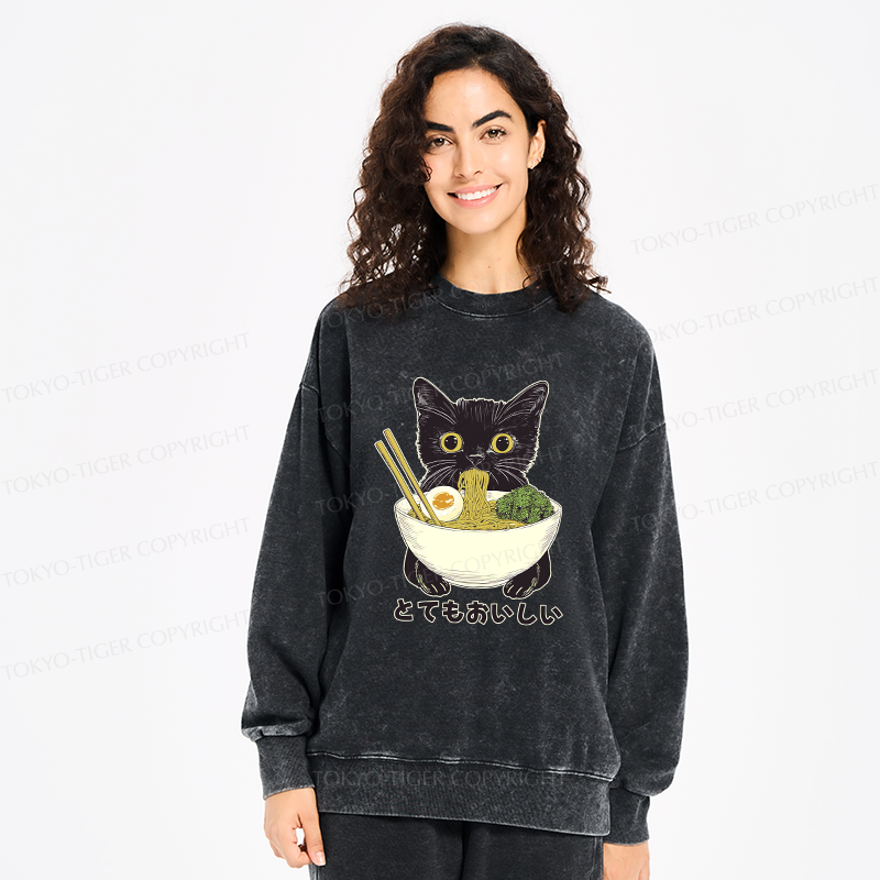 Tokyo-Tiger Ramen Lover Cute Cat Washed Sweatshirt