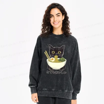 Tokyo-Tiger Ramen Lover Cute Cat Washed Sweatshirt