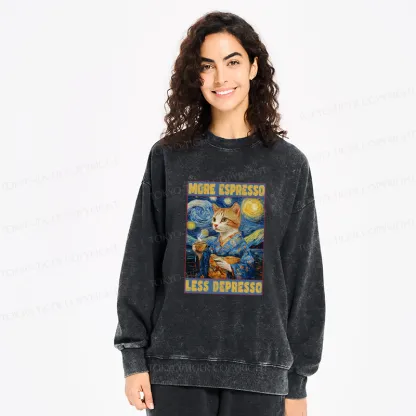 Tokyo-Tiger Funny More Espresso Less Depresso Washed Sweatshirt
