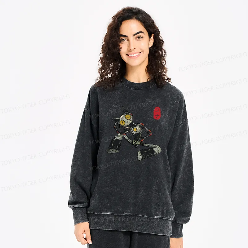 Tokyo-Tiger Contemplative Robot Cat Washed Sweatshirt