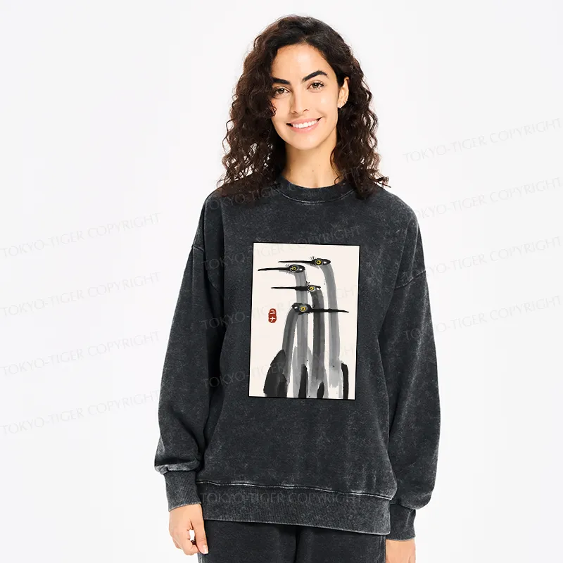 Tokyo-Tiger Japanese Crane Poster Washed Sweatshirt