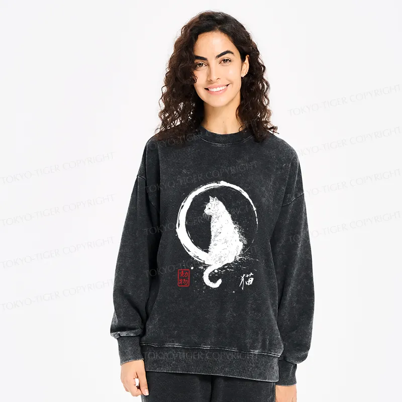 Tokyo-Tiger Retro Japanese Black Cat Washed Sweatshirt