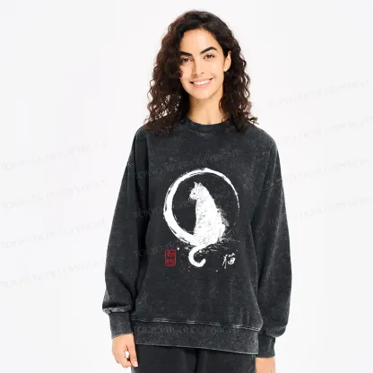 Tokyo-Tiger Retro Japanese Black Cat Washed Sweatshirt