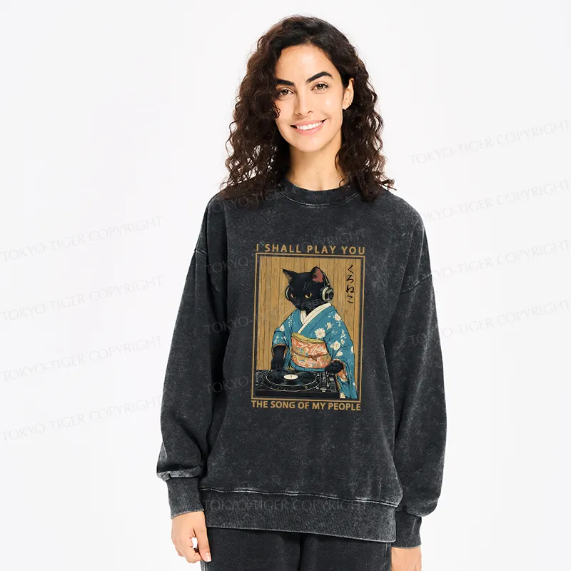 Tokyo-Tiger Funny Playing Music Black Cat Washed Sweatshirt