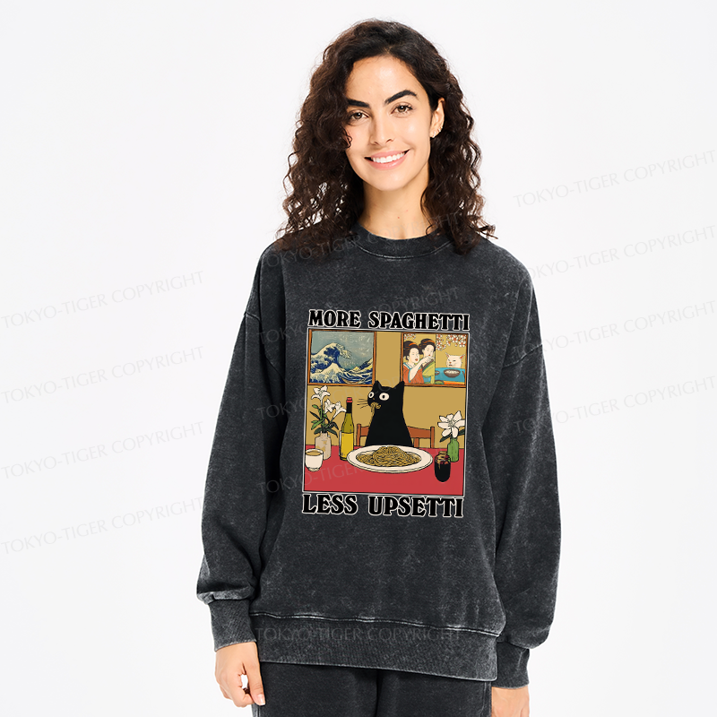 Tokyo-Tiger Cat Eating Pasta Washed Sweatshirt