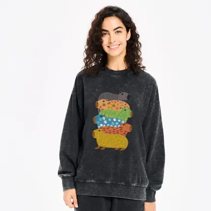 Tokyo-Tiger Colorful Capybaras Washed Sweatshirt