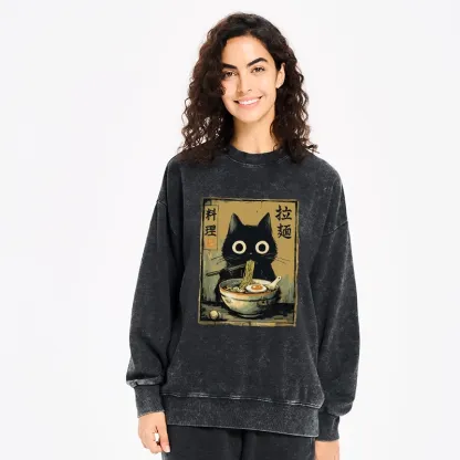 Tokyo-Tiger Cute Black Cat Eating Ramen Japan Washed Sweatshirt