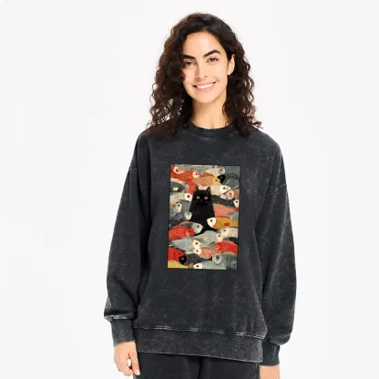 Tokyo-Tiger Cats And Fish Washed Sweatshirt