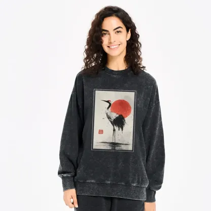Tokyo-Tiger Retro Japanese Red-crowned Crane Washed Sweatshirt