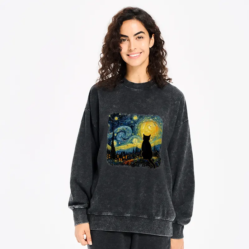 Tokyo-Tiger The Starry Night Cat Washed Sweatshirt