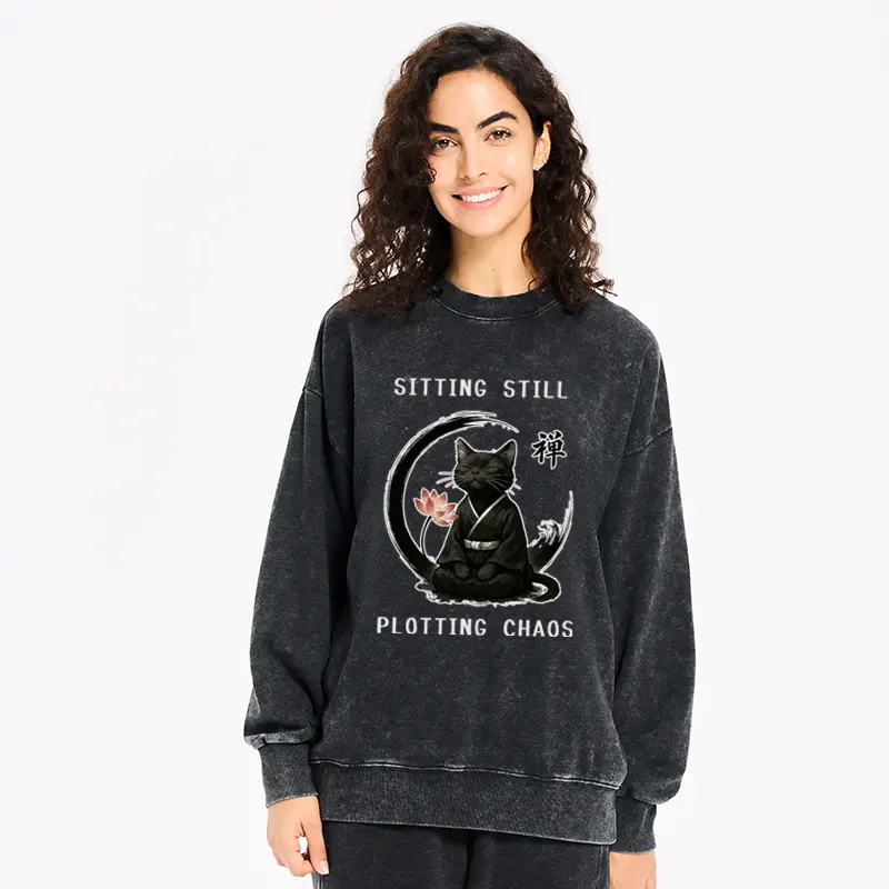 Tokyo-Tiger Sitting still  plotting chaos Calming Zen Cat Funny Washed Sweatshirt