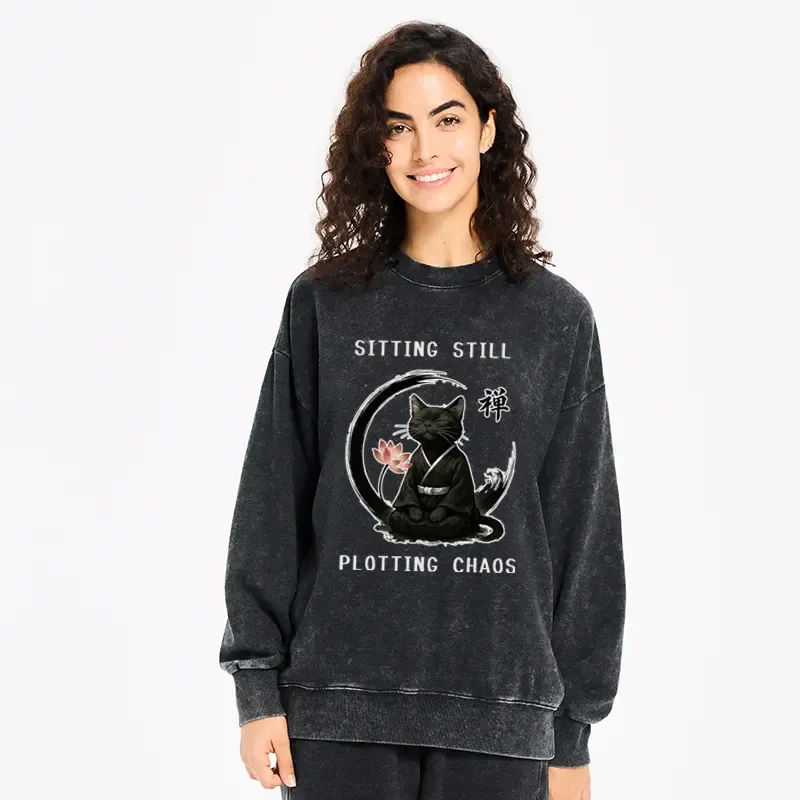 Tokyo-Tiger Sitting still  plotting chaos Calming Zen Cat Funny Washed Sweatshirt