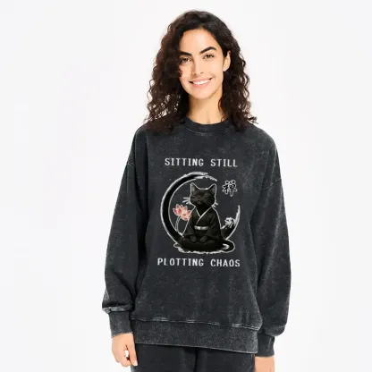 Tokyo-Tiger Sitting still  plotting chaos Calming Zen Cat Funny Washed Sweatshirt