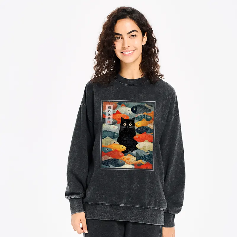 Tokyo-Tiger The Cat's Feast of Fish Washed Sweatshirt