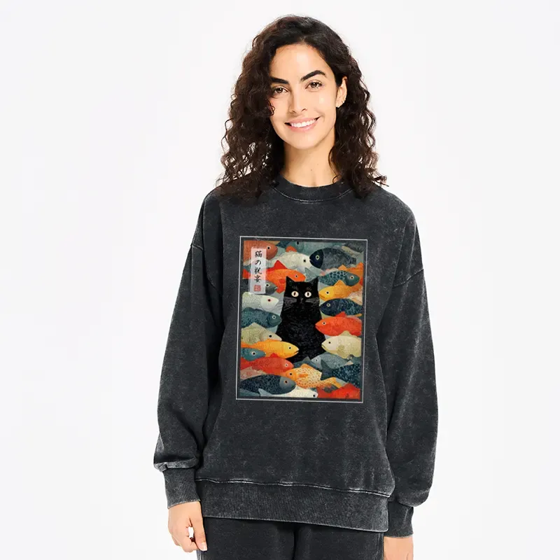Tokyo-Tiger The Cat's Feast of Fish Washed Sweatshirt