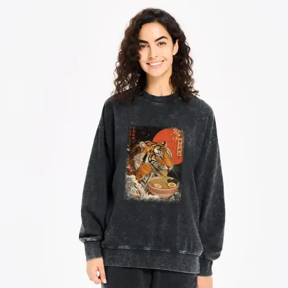 Tokyo-Tiger Ukiyoe Japan Tiger Eating Ramen Washed Sweatshirt