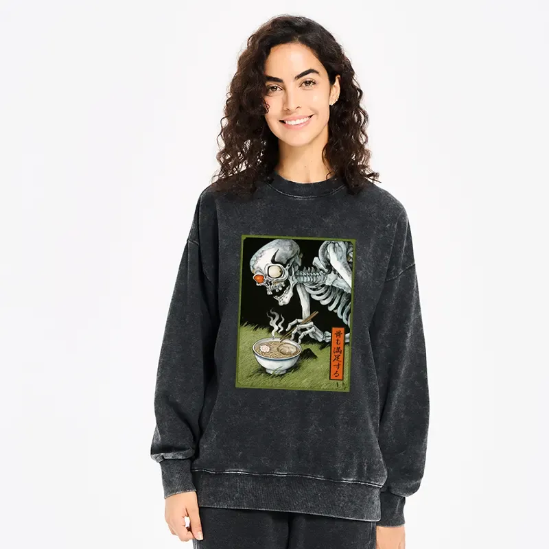 Tokyo-Tiger Ukiyo-e Skeleton Eating Ramen Washed Sweatshirt