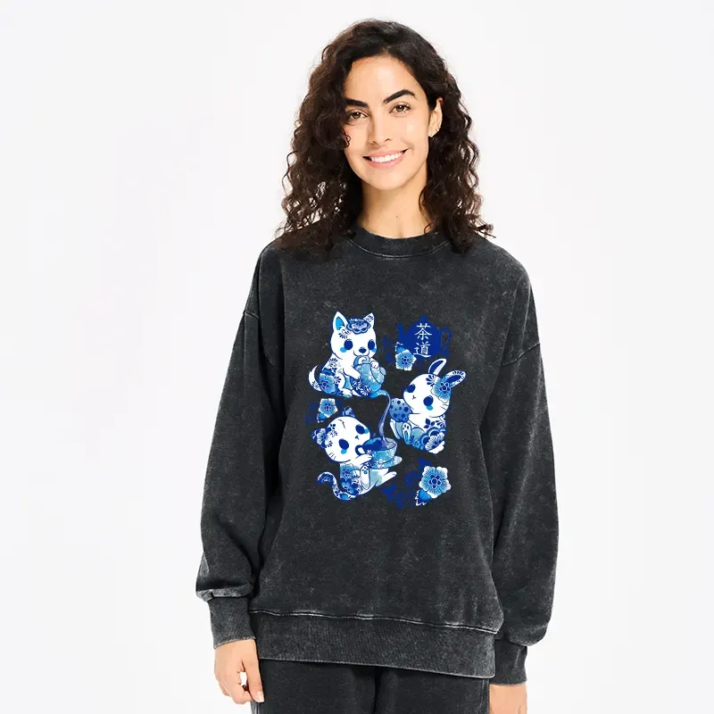 Tokyo-Tiger Blue And White Porcelain Washed Sweatshirt