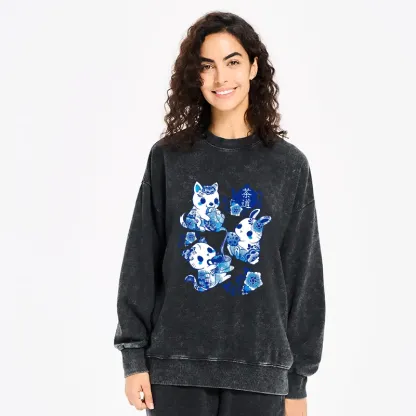 Tokyo-Tiger Blue And White Porcelain Washed Sweatshirt