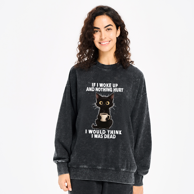 Tokyo-Tiger Funny Cute Black Cat And Coffee Meme Washed Sweatshirt