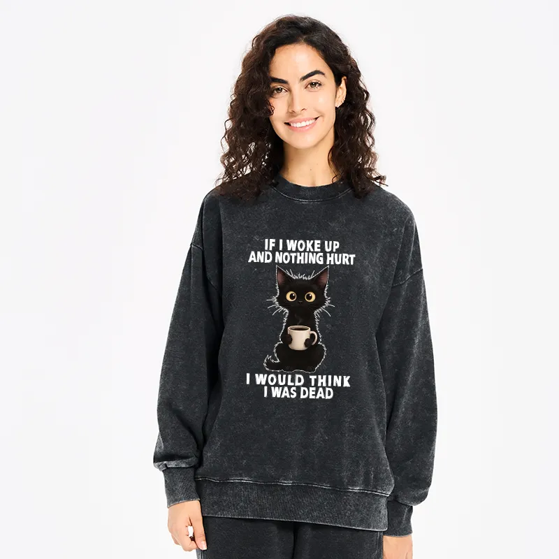 Tokyo-Tiger Funny Cute Black Cat And Coffee Meme Washed Sweatshirt
