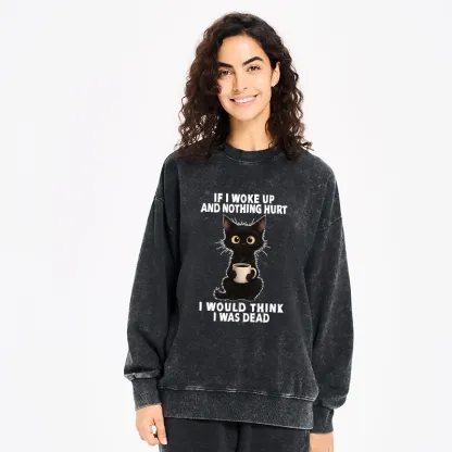 Tokyo-Tiger Funny Cute Black Cat And Coffee Meme Washed Sweatshirt
