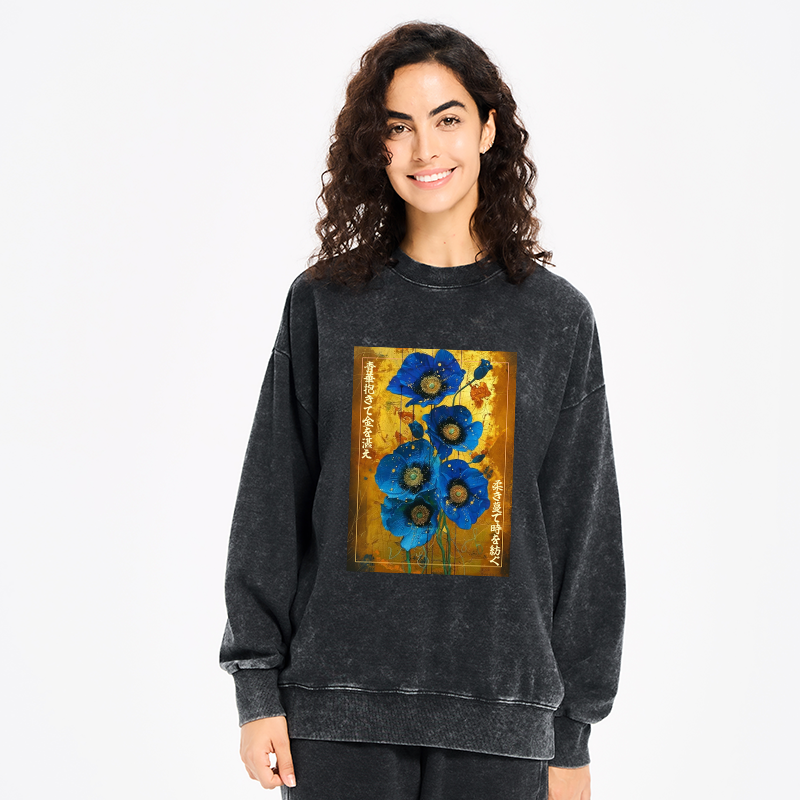 Tokyo-Tiger Shiny Blue Flower Warm Golden Background Washed Sweatshirt
