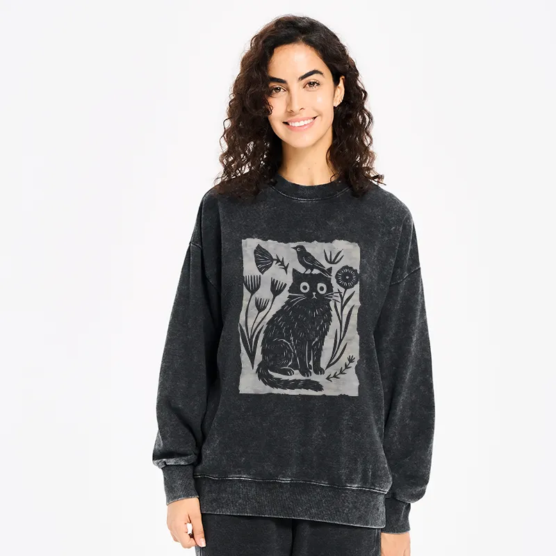 Tokyo-Tiger Folk Paper Cut Cat Bird Floral Art Washed Sweatshirt
