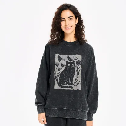 Tokyo-Tiger Folk Paper Cut Cat Bird Floral Art Washed Sweatshirt