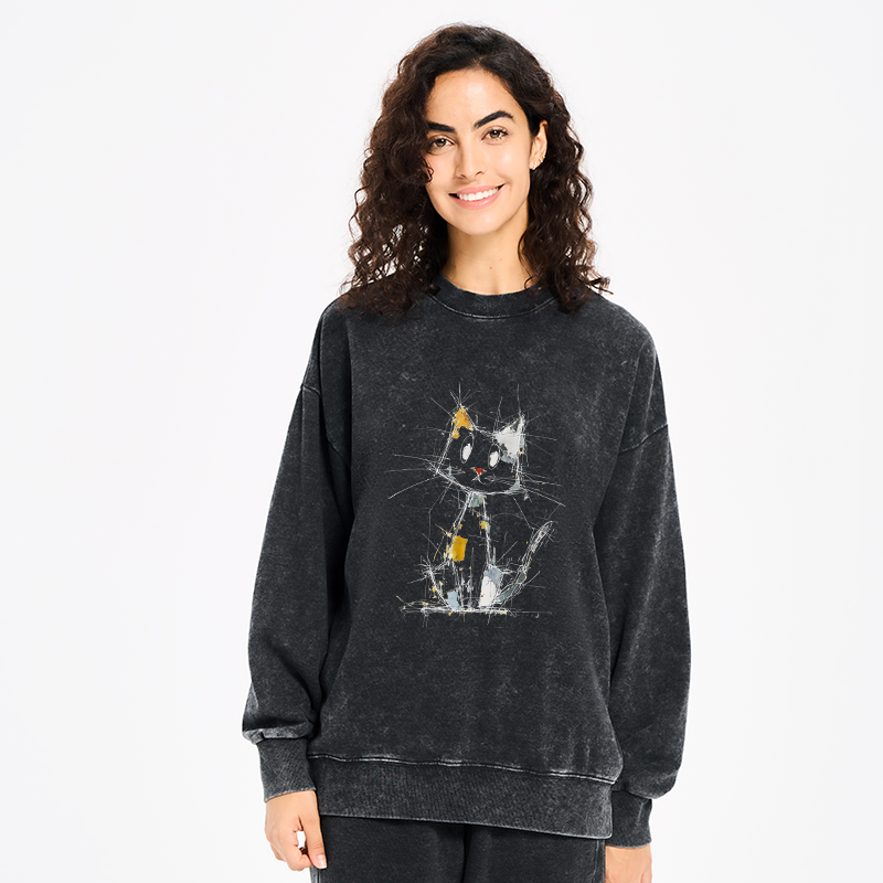 Tokyo-Tiger Minimal Splash Ink Cute Cat Washed Sweatshirt